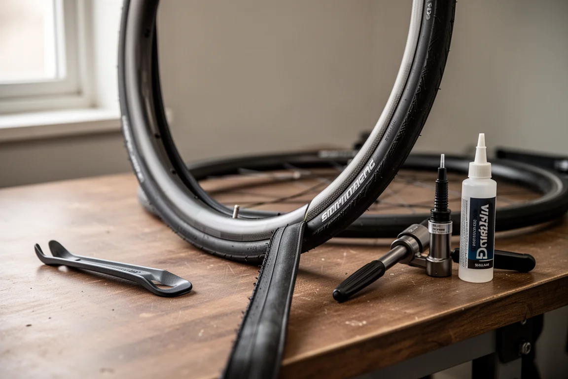 Road cyclist riding a race bike with deep-section carbon rims at sunset