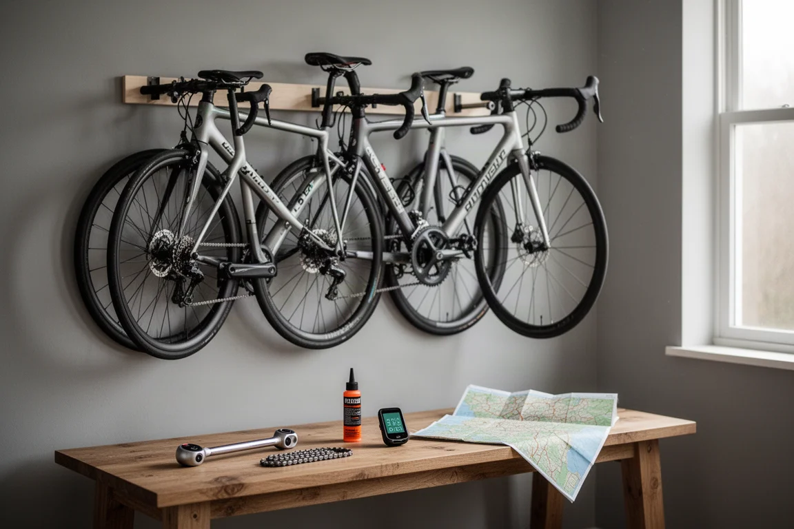 Flat-lay of cycling helmet, road shoes, torque wrench and route map on concrete