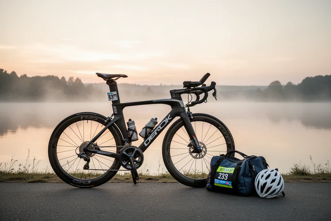 Triathloncykel i ett växlingsområde i gryningen med hjälm och tävlingsväska i närheten