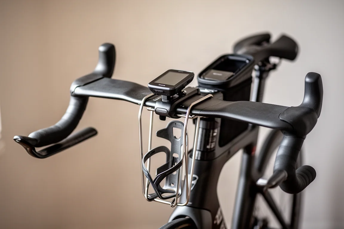 Närbild på triathloncykelns cockpit med aeroextensions, monterad cykeldator och flaskhållare mellan böjen