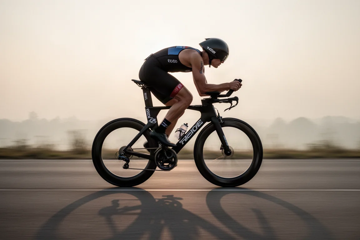 Triathlet i aeroposition på en tempocykel längs en öppen väg i gryningen