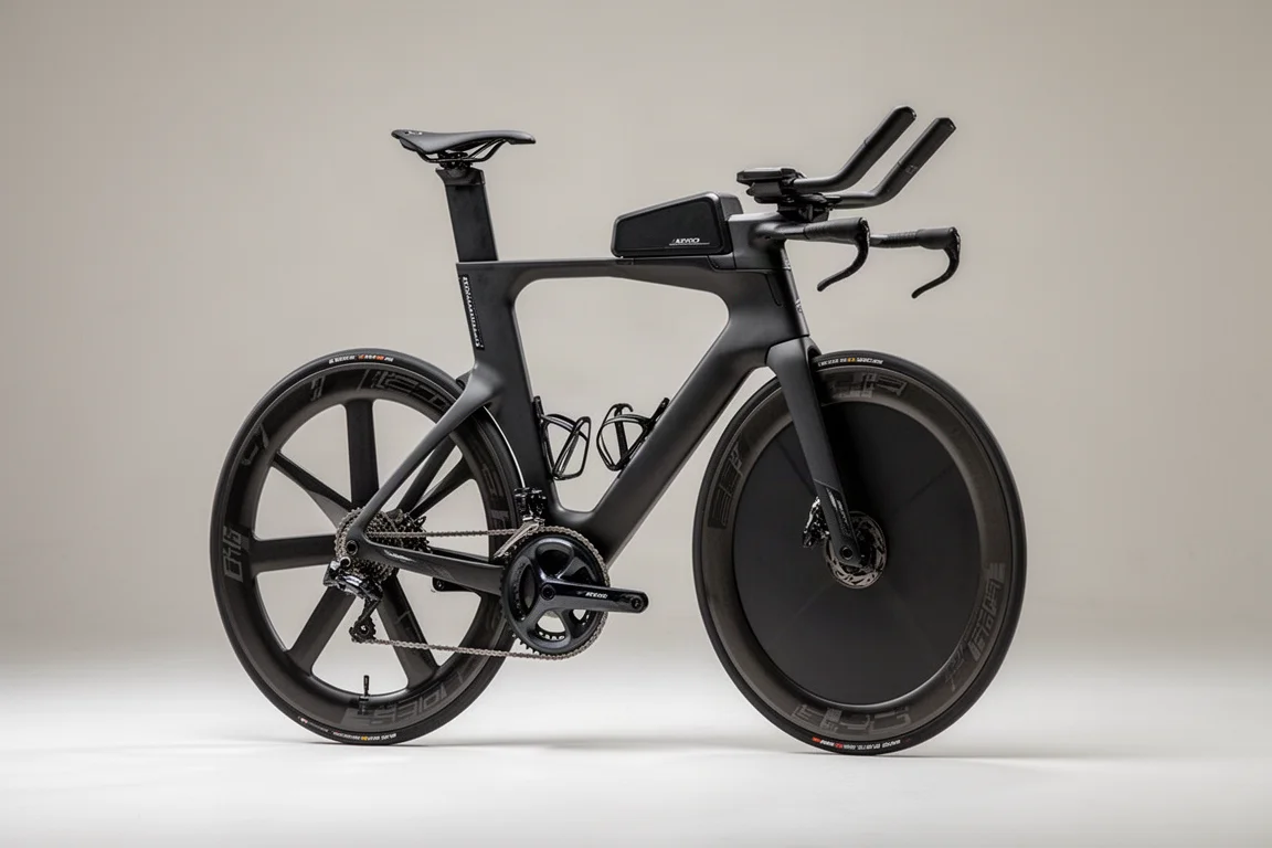 Giant Trinity Advanced triatlonfiets met vier-spaaks voorwiel en disc achterwiel op een studio-achtergrond