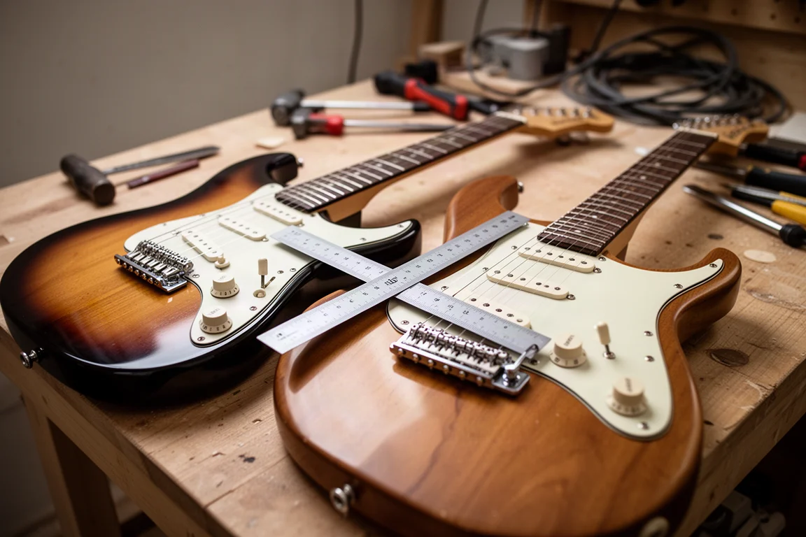 Duas guitarras elétricas em uma bancada com uma régua medindo a altura dos captadores