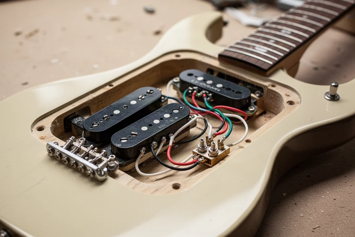 Compartimento de controle da guitarra aberto com captadores ligados diretamente a uma chave