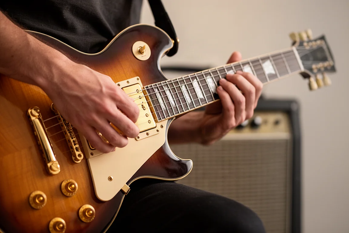Mãos de guitarrista fazendo um acorde em uma guitarra elétrica sunburst