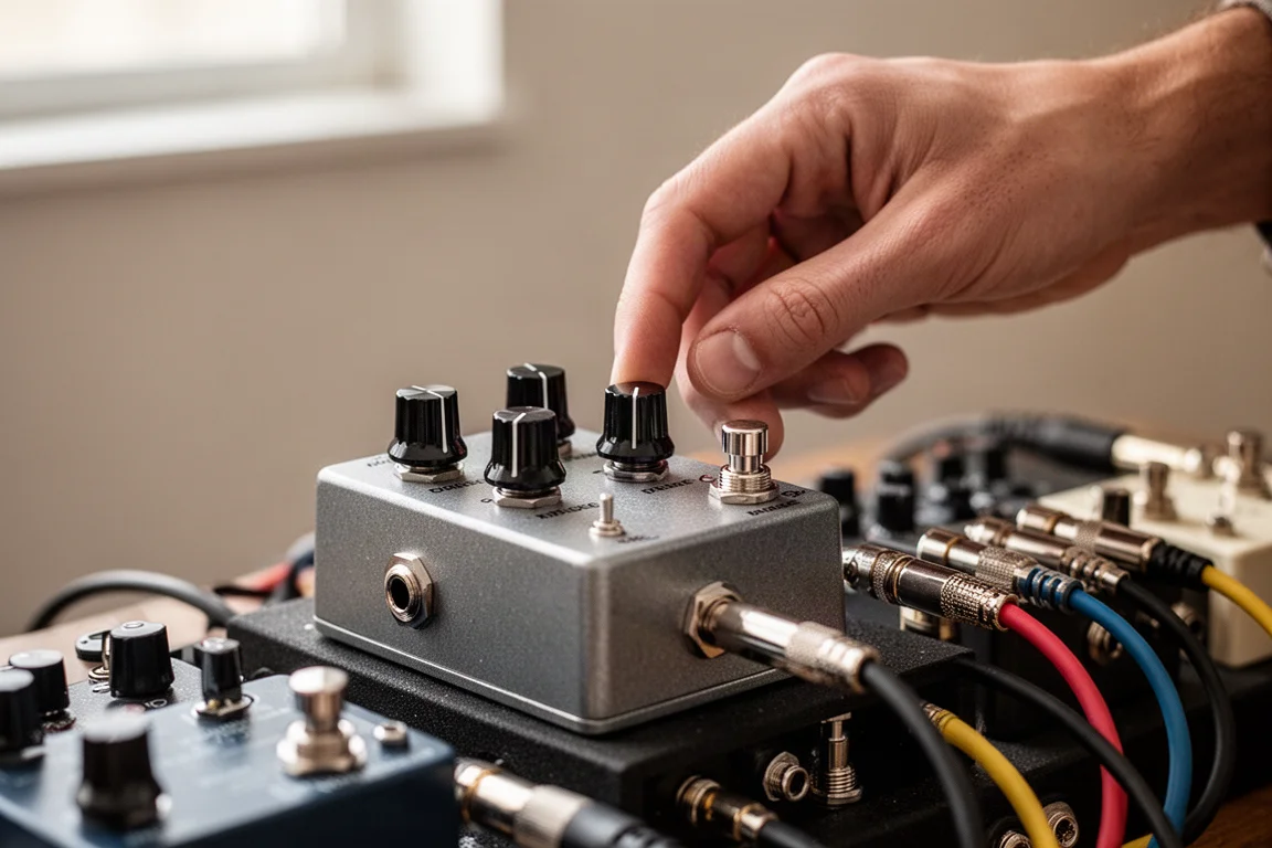 Mão ajustando um botão em um pedal de efeitos em uma pedalboard