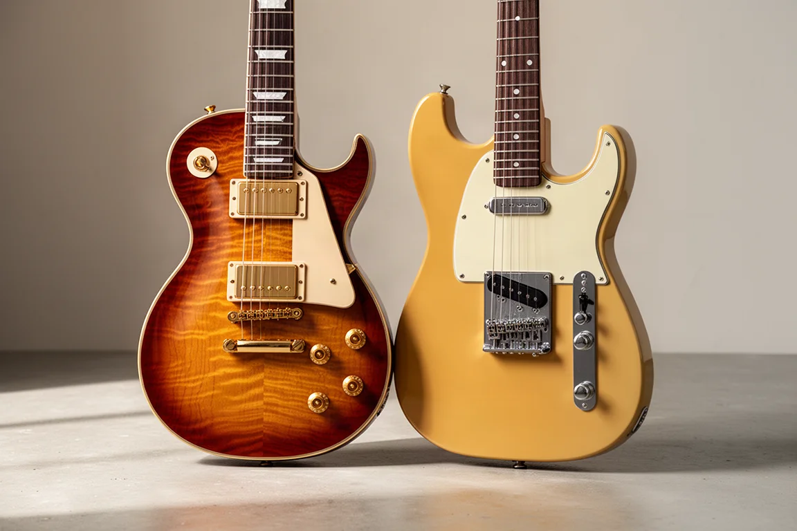 Gibson Les Paul und Fender Telecaster Seite an Seite auf Betonoberfläche