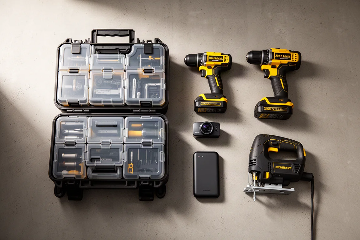 A flat-lay of tools, a dash cam, and a power bank arranged on a concrete surface