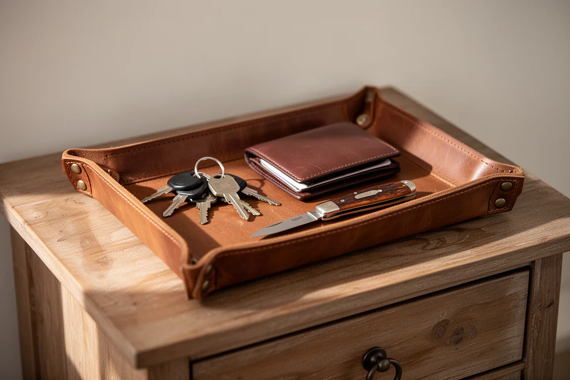 Pocket knife resting on a leather valet tray beside keys and a wallet