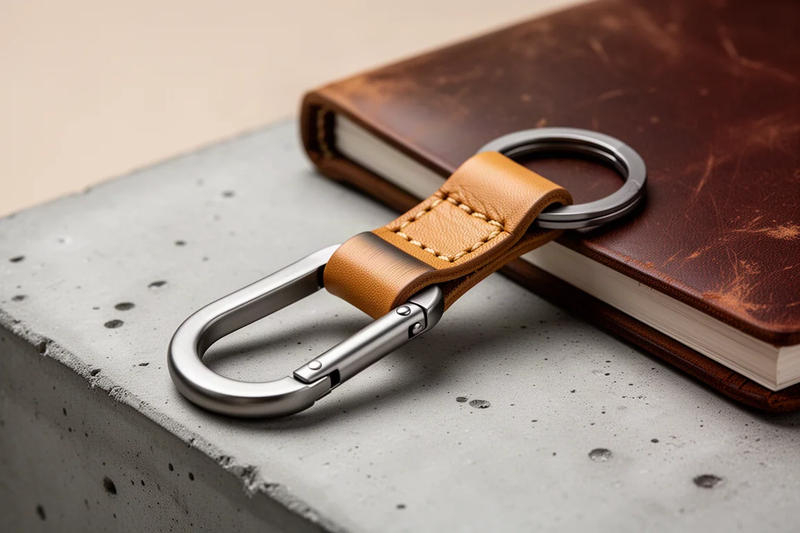 Titanium keyring with leather strap resting on brushed concrete