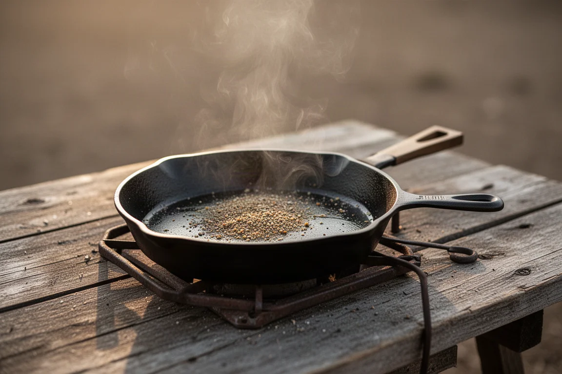 Cast iron skillet searing food over an outdoor cooking station