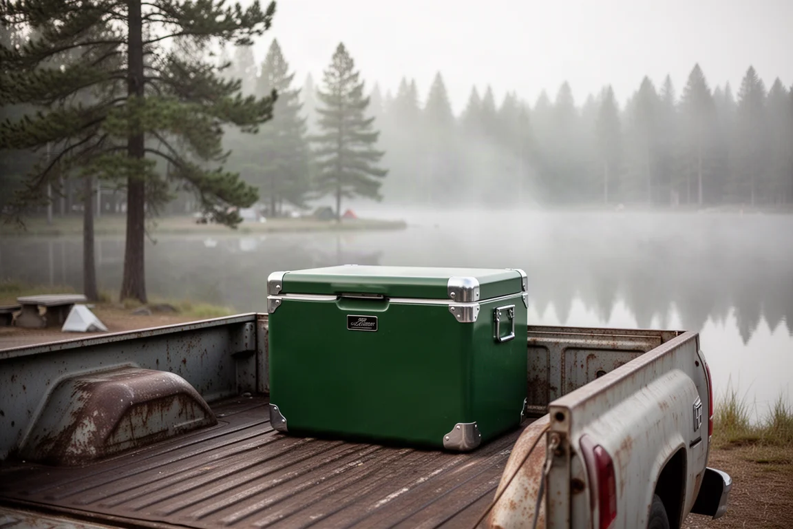 Green classic-style cooler in the back of a pickup at a lakeside campsite