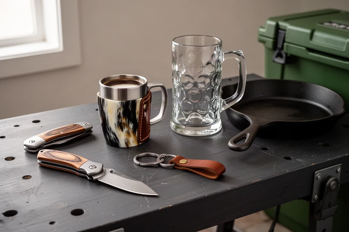 Flat-lay of pocket knife, horn mug, keyring, beer stein, cast iron skillet and green cooler on a workbench