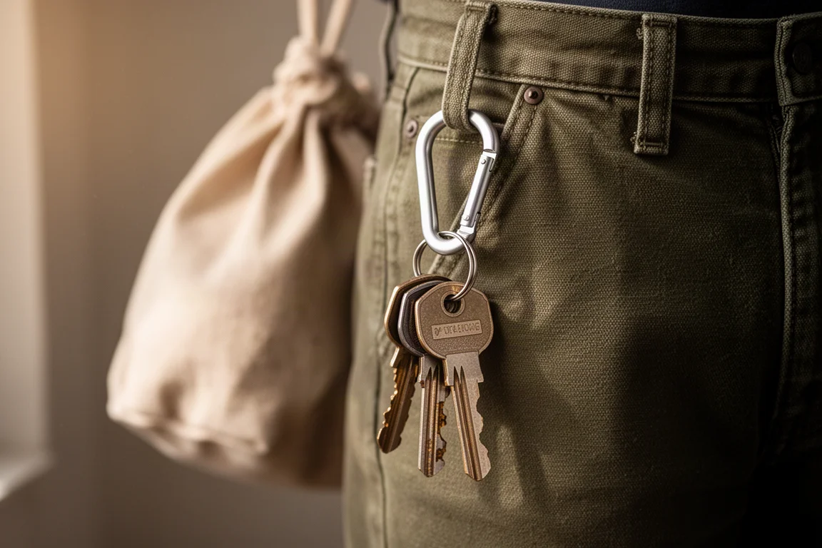 Clés attachées à un mousqueton accroché à une passante de ceinture d'un pantalon de travail en toile
