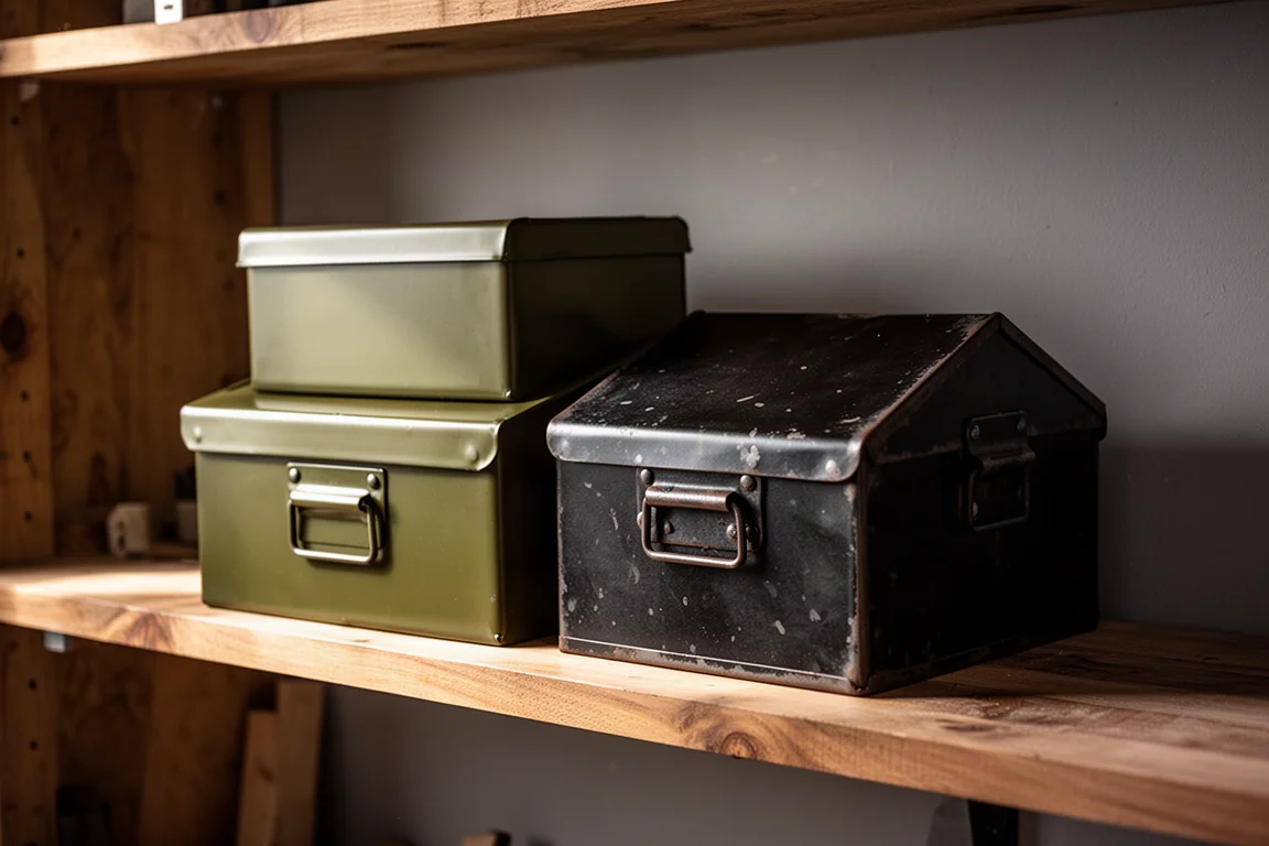 Boîtes de rangement en acier empilées sur une étagère d'atelier en bois