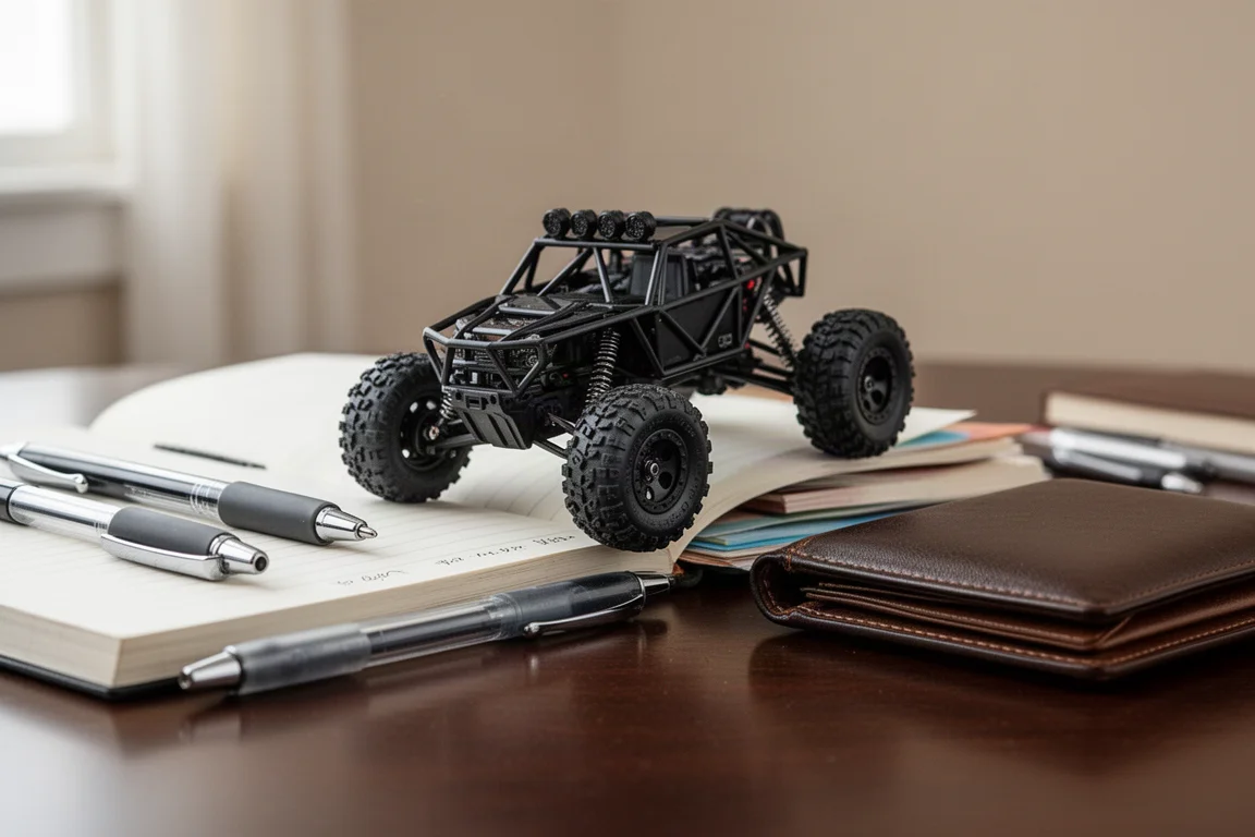 Petit crawler télécommandé gravissant un bureau encombré