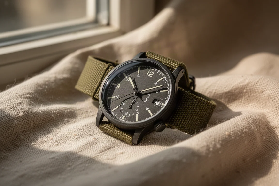 Montre de terrain simple avec bracelet en toile posée sur une surface en lin