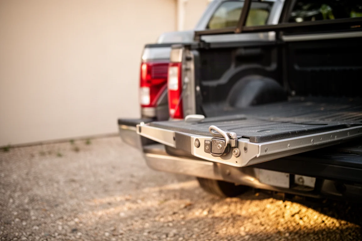 Pickup truck with its tailgate lowered slowly in a driveway