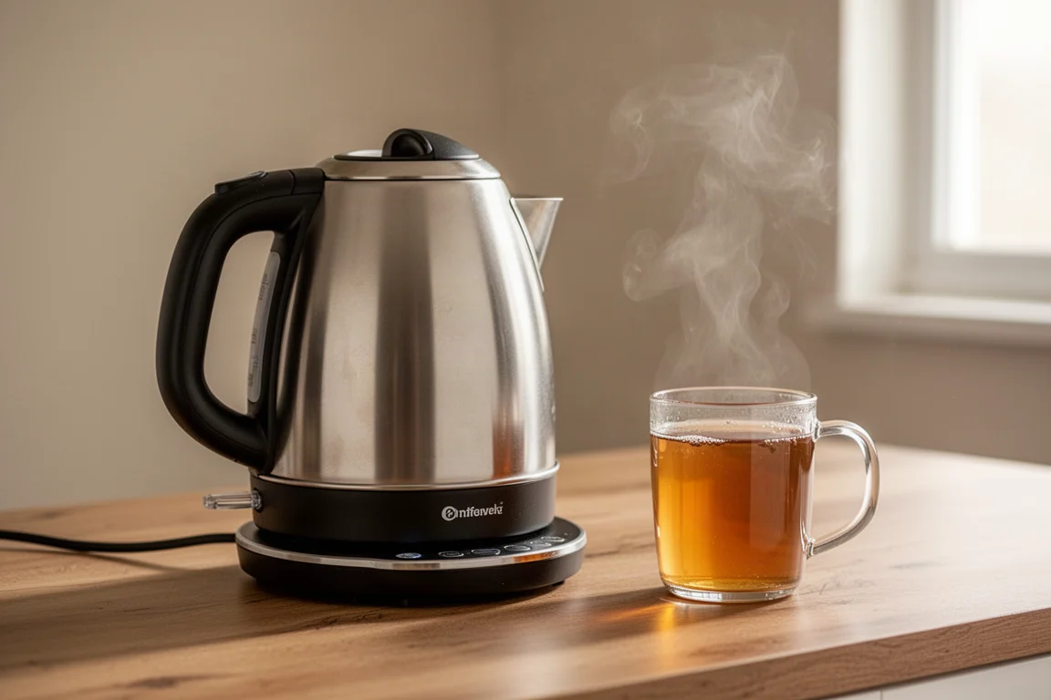 Electric kettle pouring steam into a mug on a kitchen counter