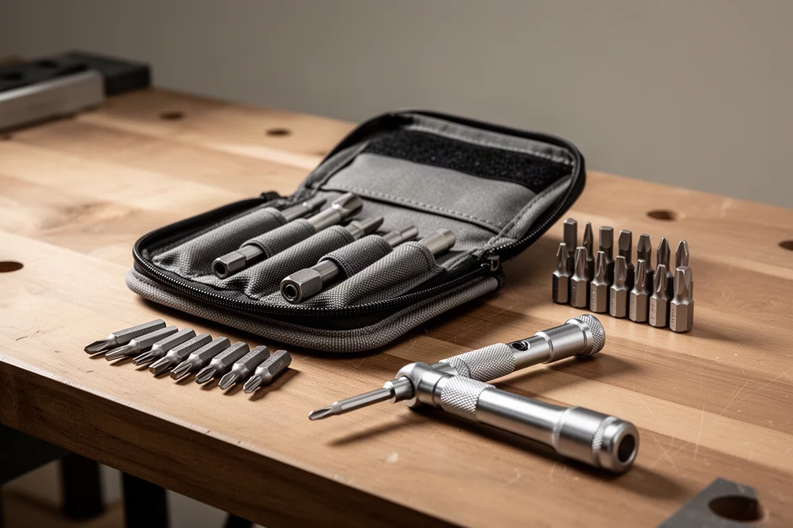 Compact screwdriver pouch open on a workbench with bits laid out