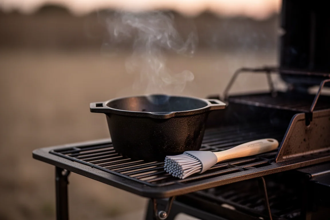 Cast iron melting pot with sauce on a grill side table at dusk