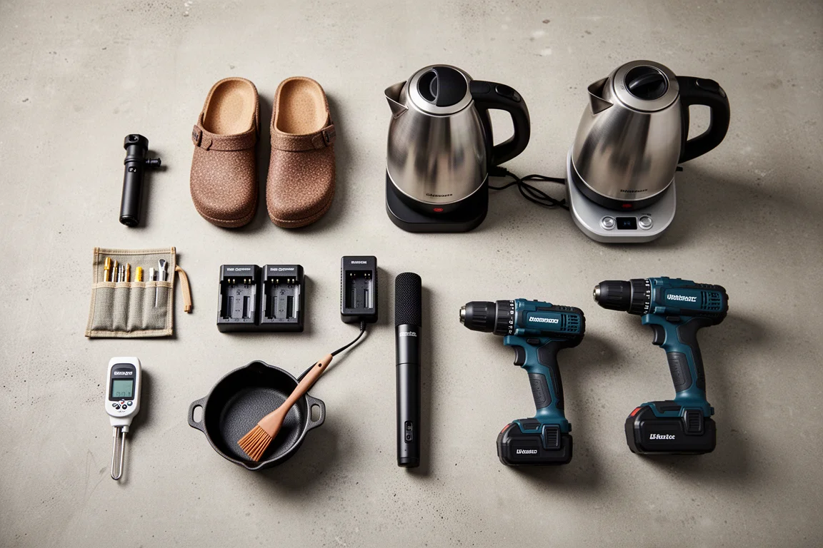 Composizione flat-lay di nove articoli regalo tra cui bollitore, attrezzi, microfono e accessori per griglia su cemento