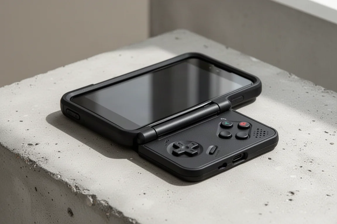 Uma capinha tátil de celular com botões físicos de jogo, aberta pela metade