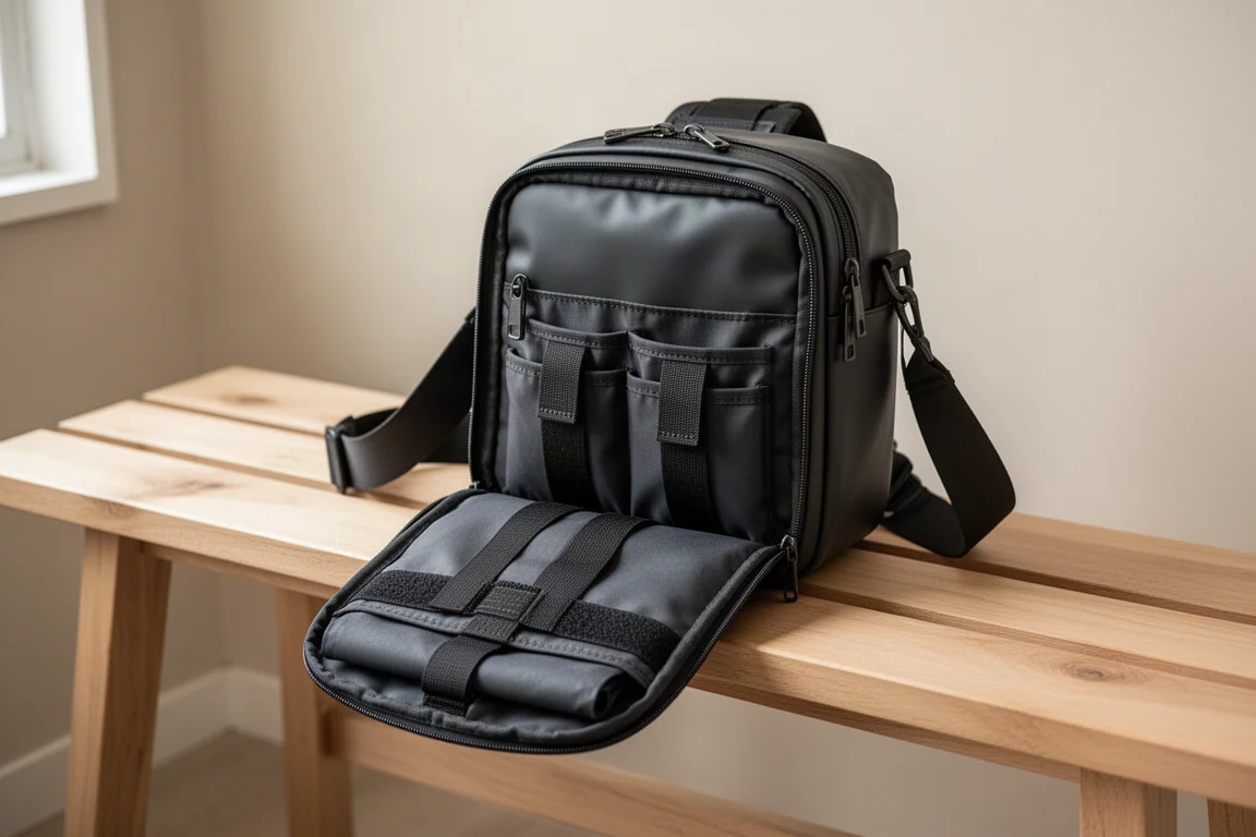 Uma bolsa transversal com bolso expansível que desenrola, sobre um banco de madeira