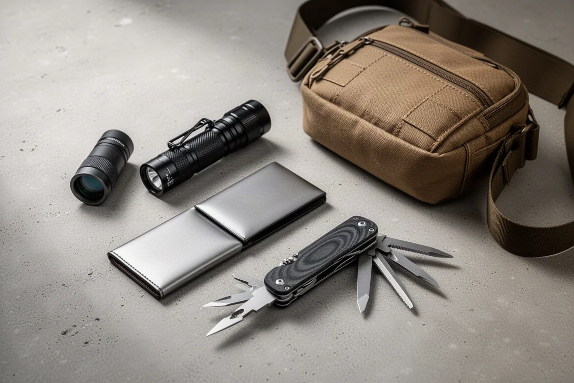Flat-lay of everyday carry gadgets including a monocular, flashlight, wallet, multitool, and sling bag