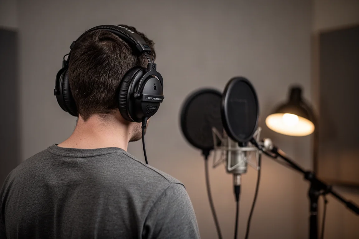 Musicien vu de dos portant un casque d'isolation dans une salle d'enregistrement faiblement éclairée