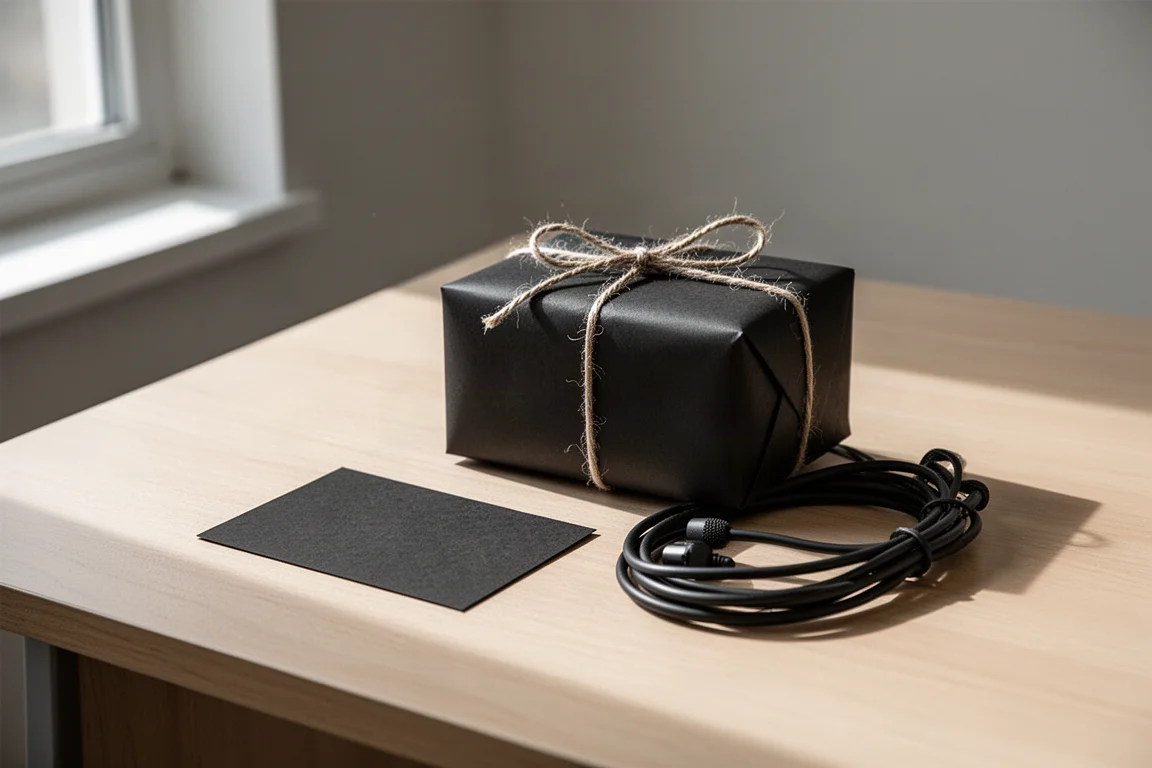 Boîte cadeau emballée et carte cadeau posées sur un bureau en bois près d'un câble de microphone enroulé