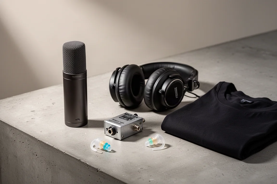 Audio gear arrangement with a dynamic microphone, studio headphones, direct box, earplugs, and a black t-shirt