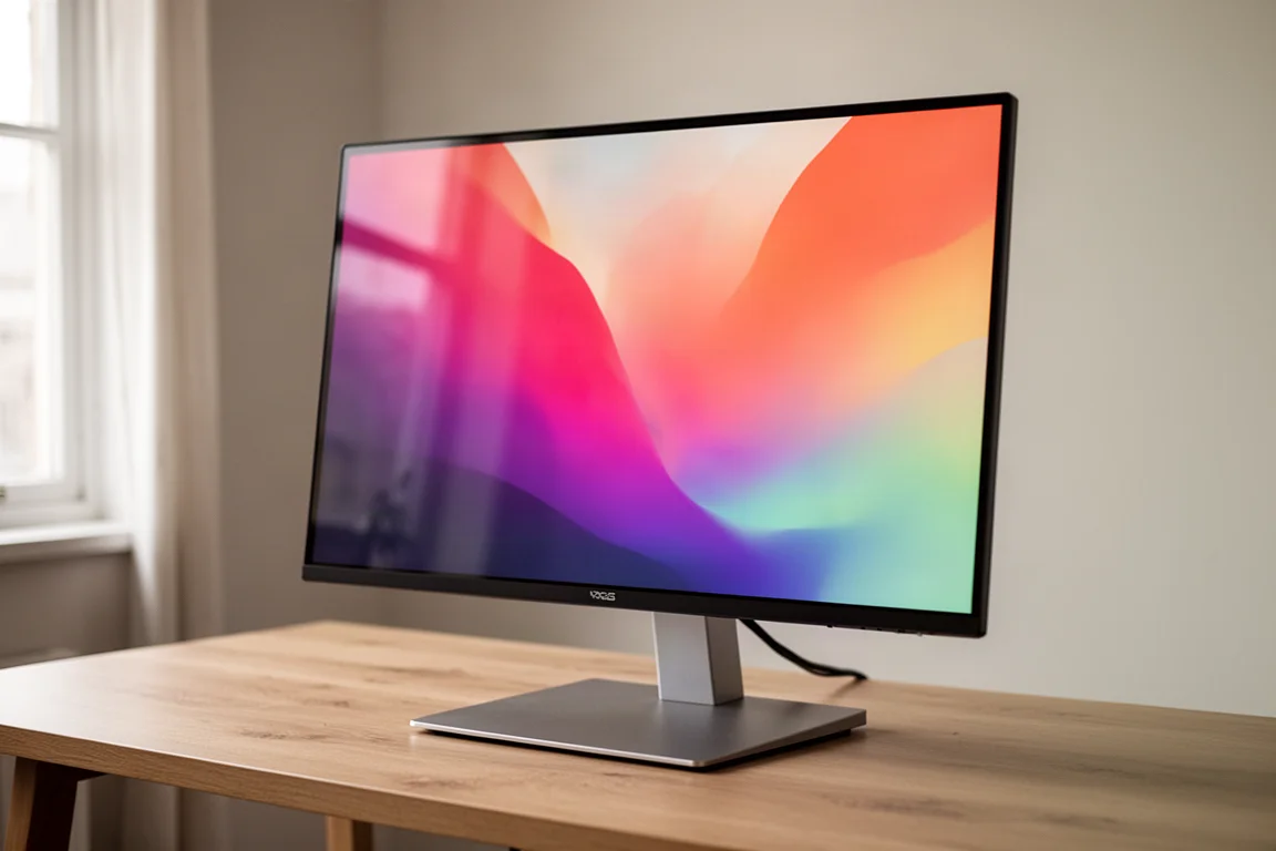 Gaming monitor with glossy 5K panel displaying a colorful abstract scene on a desk