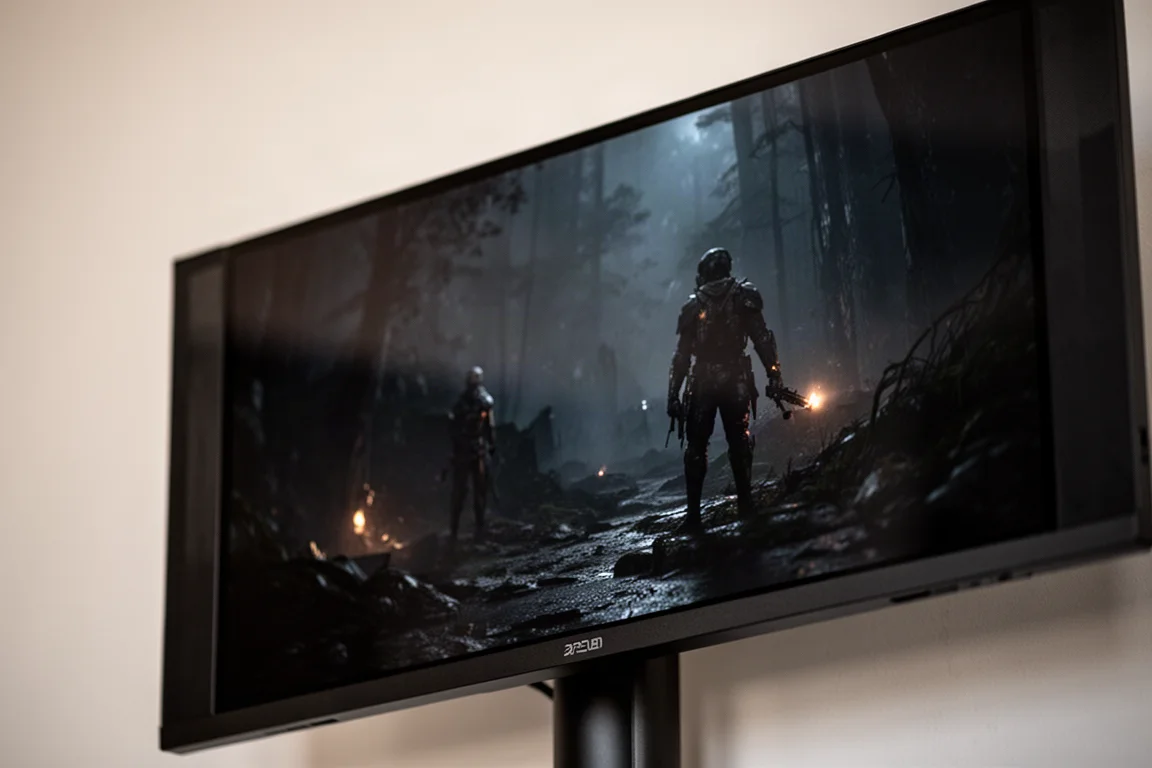 Close-up of a 27-inch OLED gaming monitor showing a dark scene with subtle reflections on glossy screen