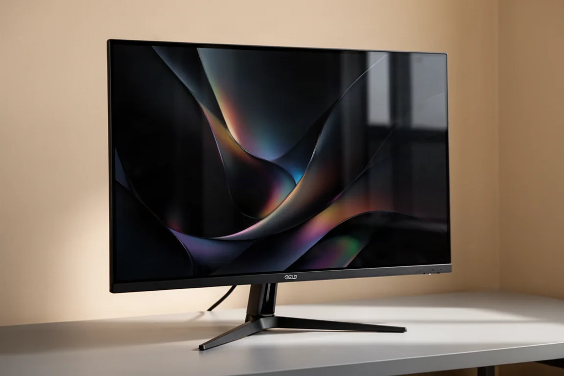 32-inch 4K OLED gaming monitor on a desk with a dark abstract wallpaper on screen