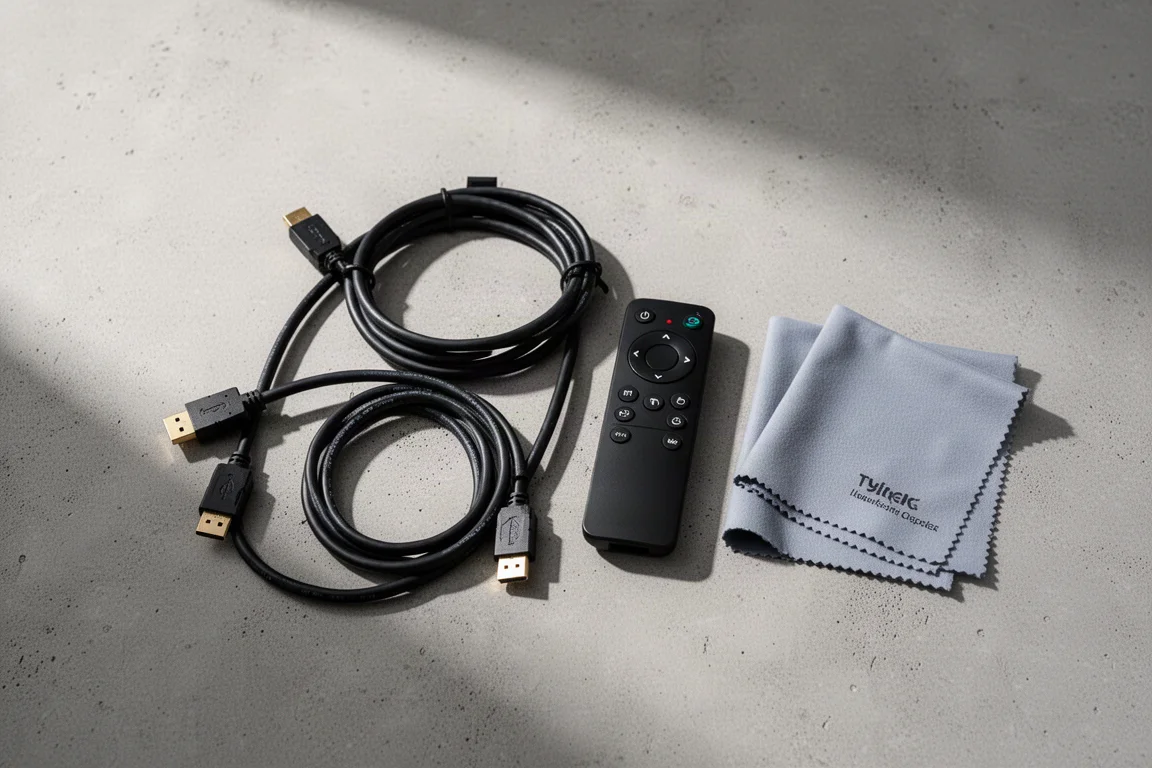 Overhead flat-lay of gaming monitor accessories including cables and a remote on a concrete surface