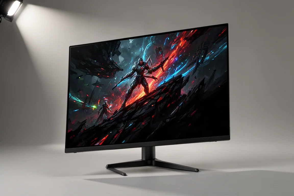 ASUS XG32UCWG glänzender OLED-Gaming-Monitor auf einer matten Betonoberfläche