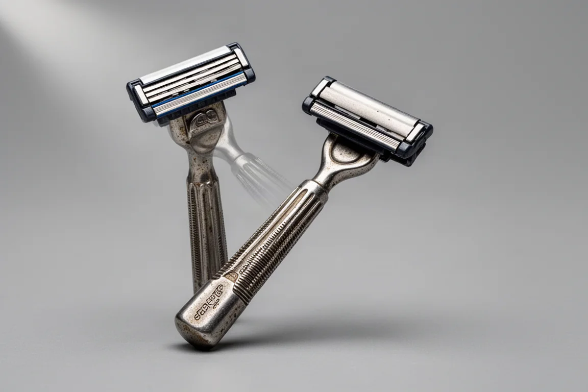 木架上陳列著復古 Gillette Brush Plus、ATRA 刮鬍刀,以及 Old Spice Ships Telegraph 醒酒瓶