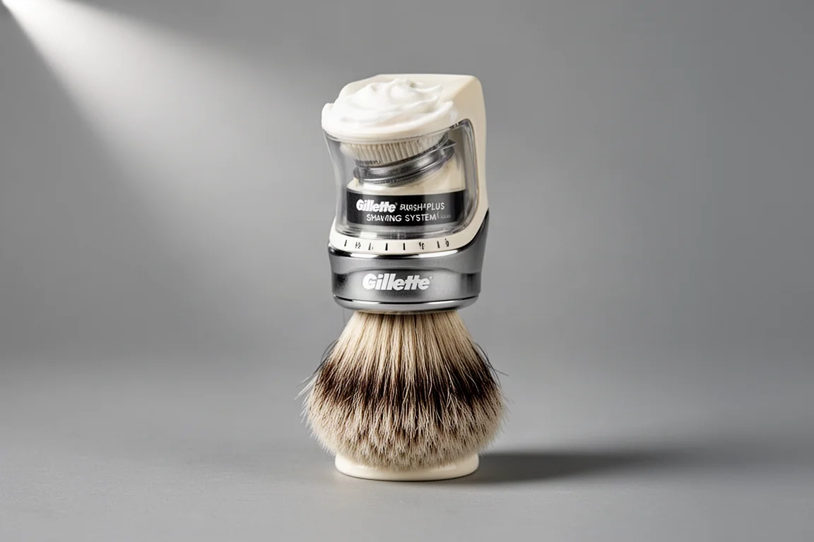 木架上陳列著復古Gillette Brush Plus、ATRA刮鬍刀與Old Spice Ships Telegraph醒酒瓶。