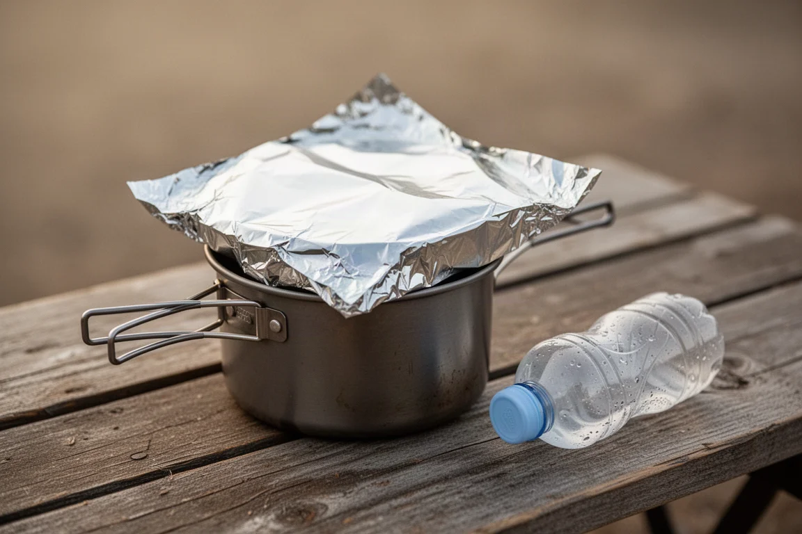Vikt aluminiumfolielock vilande på en titankastrull bredvid en kork till en vattenflaska