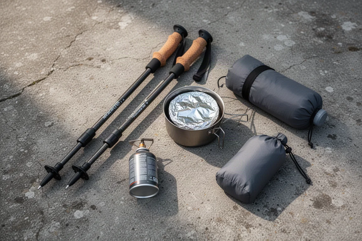 Flat lay dall'alto di bastoncini da trekking, pentola in titanio, bomboletta di combustibile e stuff sack su cemento
