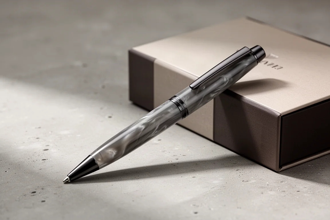 Slim ballpoint pen with marbled gray acrylic barrel and gunmetal clip beside a gift box