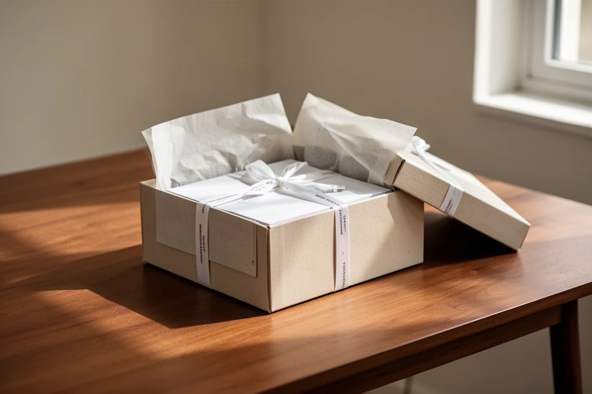 Unboxing a stationery package on a wooden desk with the box lid lifted
