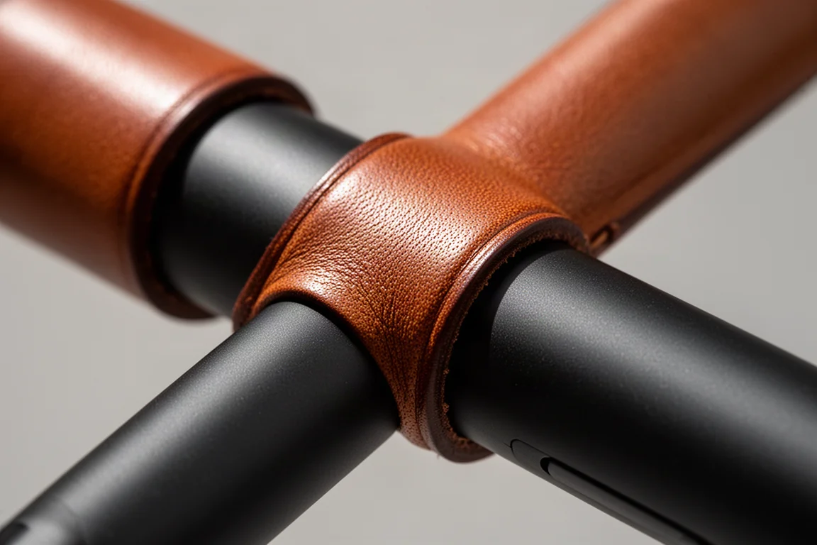 Close-up of a smooth brown leather pen grip showing texture and stitching seam