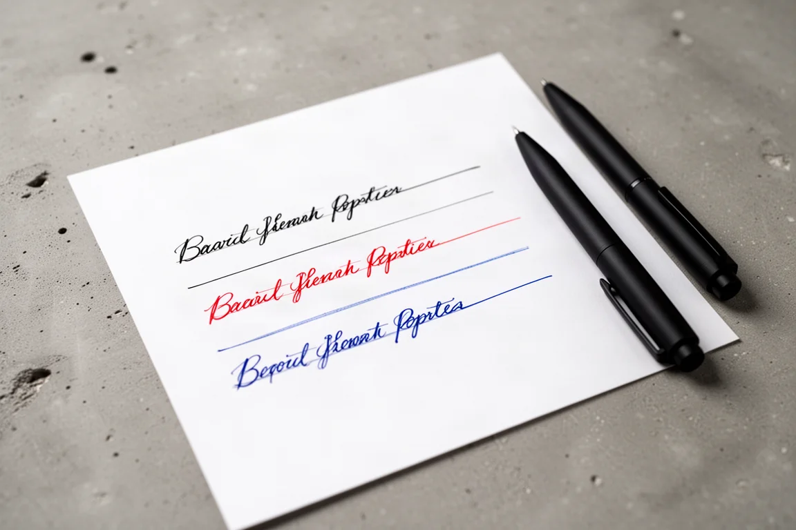 Handwriting sample on plain paper showing black, red, and blue ink lines