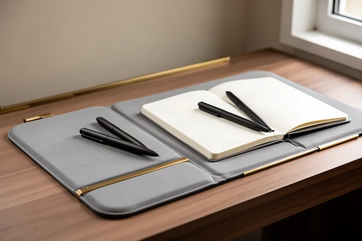 Fountain pen and multifunction pen on a padded grey writing mat beside open notebook