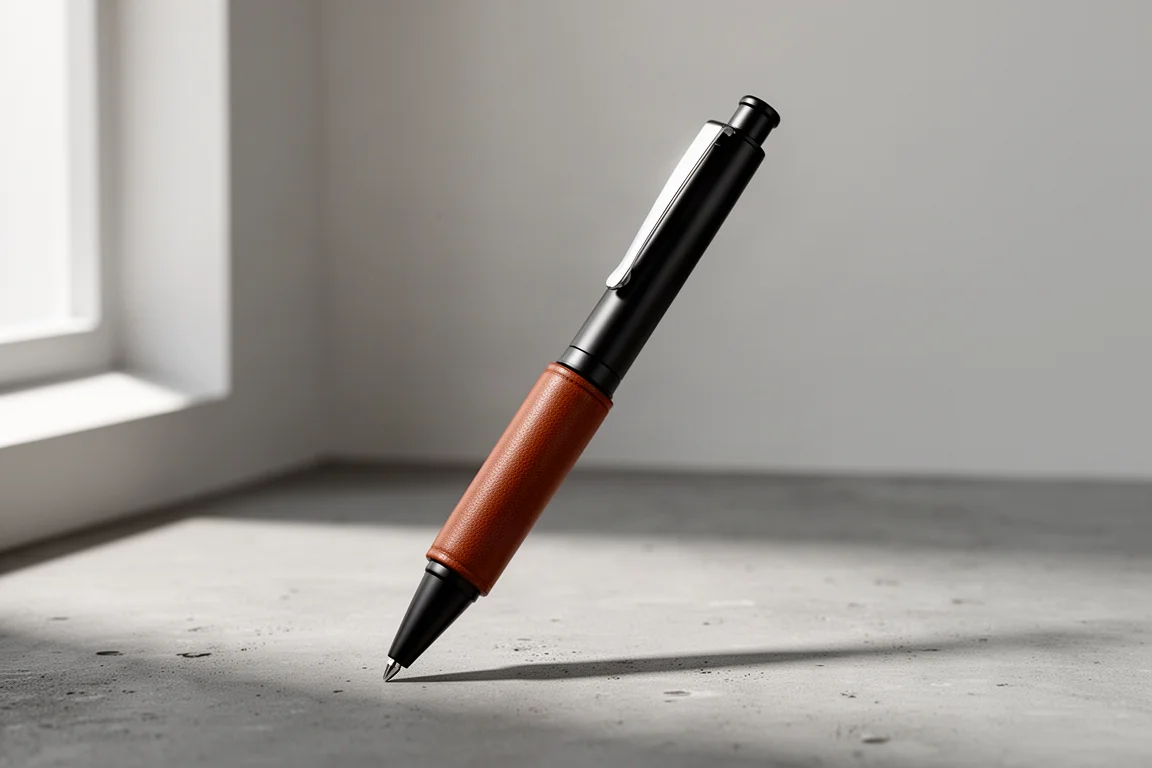 Matte black multifunction pen with brown leather grip and silver clip on concrete