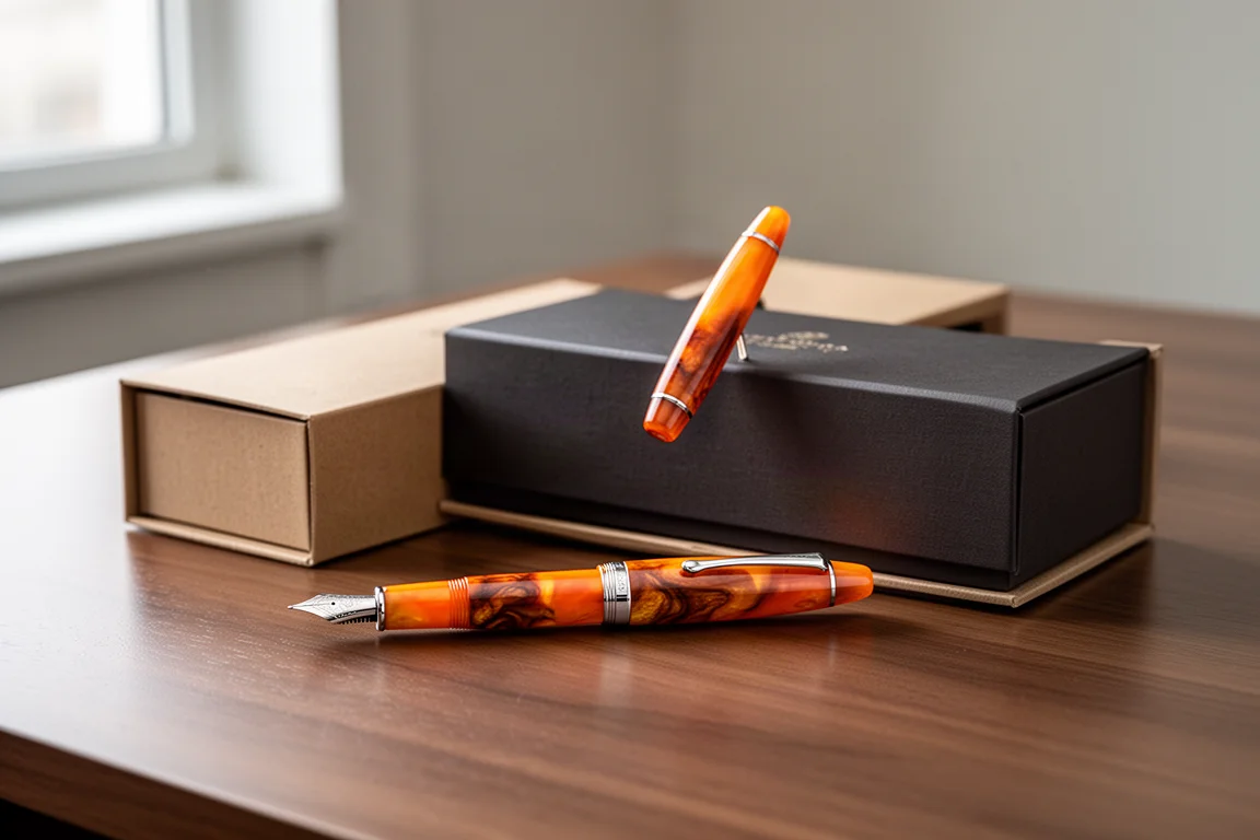 Penna stilografica marrone-arancio lucida appoggiata su una scrivania in legno accanto alla sua confezione
