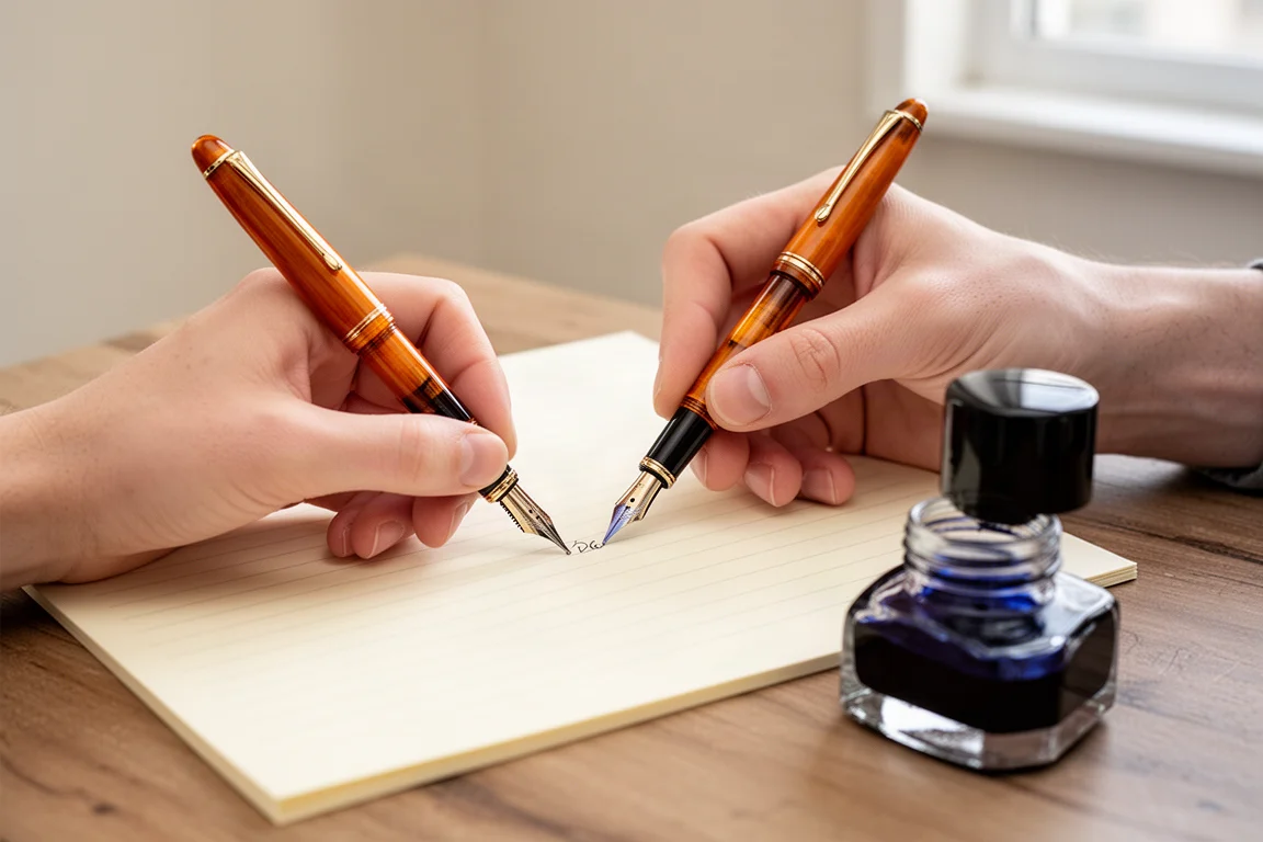 Una mano che scrive con una penna stilografica su carta a righe con una boccetta di inchiostro nelle vicinanze