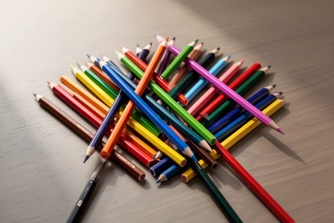 Hexagonal lacquered colored pencils fanned out on a desk